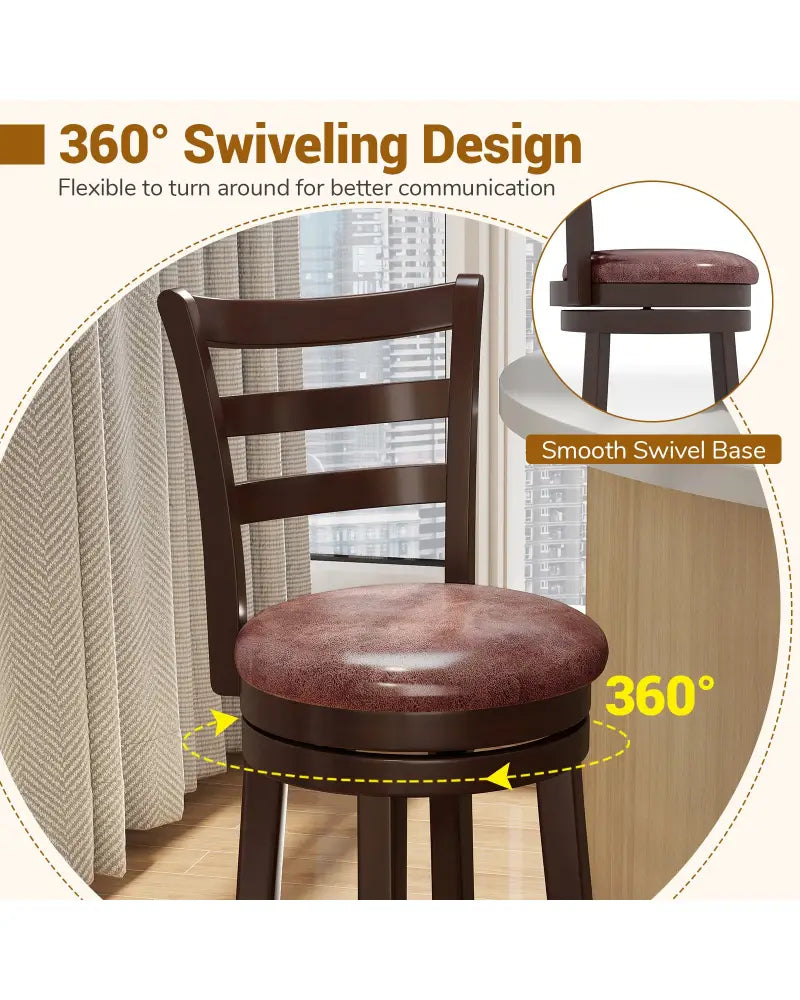 Counter Height Swivel Barstools Set of 2 with Faux Leather Seat and Wrap-around Footrest-29 - Bar Stools