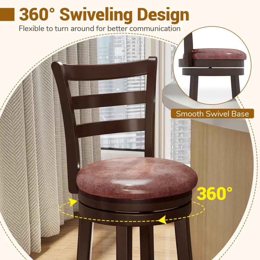 Counter Height Swivel Barstools Set of 2 with Faux Leather Seat and Wrap-around Footrest-24 - Bar Stools