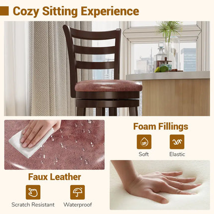 Counter Height Swivel Barstools Set of 2 with Faux Leather Seat and Wrap-around Footrest-24 - Bar Stools
