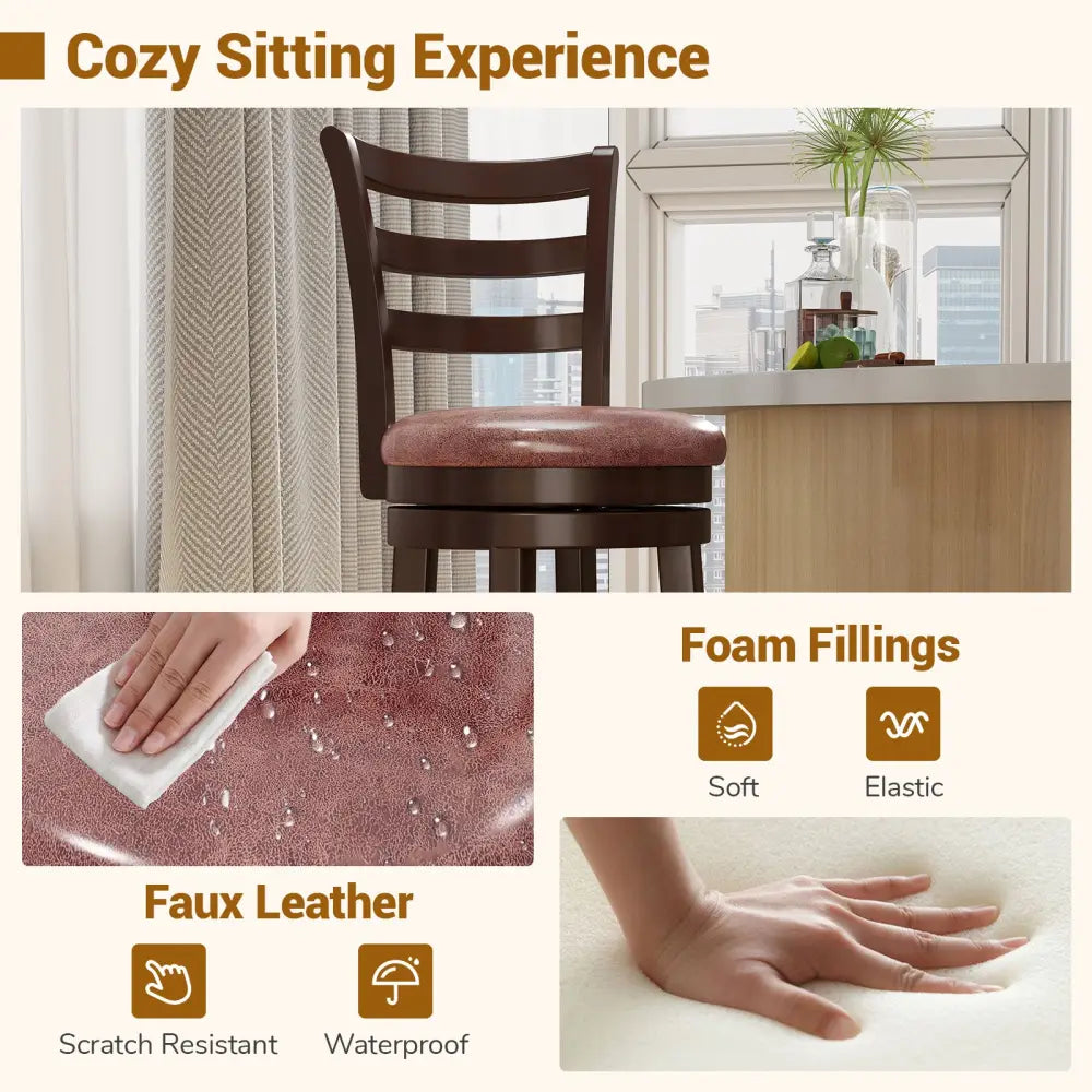 Counter Height Swivel Barstools Set of 2 with Faux Leather Seat and Wrap-around Footrest-24 - Bar Stools