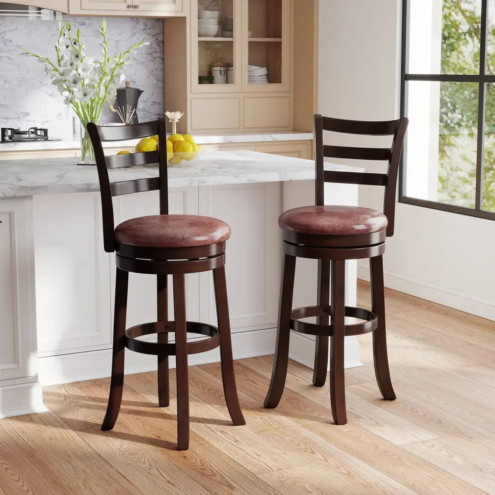 Counter Height Swivel Barstools Set of 2 with Faux Leather Seat and Wrap-around Footrest-29 - Bar Stools