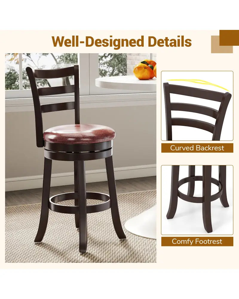 Counter Height Swivel Barstools Set of 2 with Faux Leather Seat and Wrap-around Footrest-24 - Bar Stools