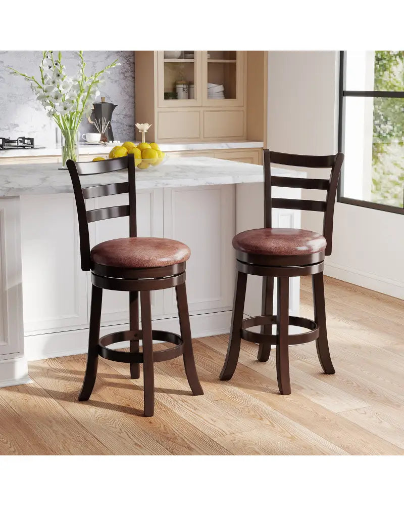 Counter Height Swivel Barstools Set of 2 with Faux Leather Seat and Wrap-around Footrest-24 - Bar Stools