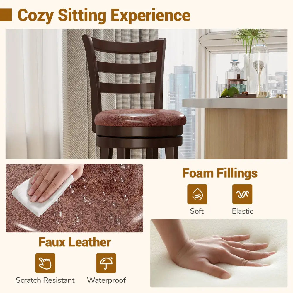 Counter Height Swivel Barstools Set of 2 with Faux Leather Seat and Wrap-around Footrest-29 - Bar Stools