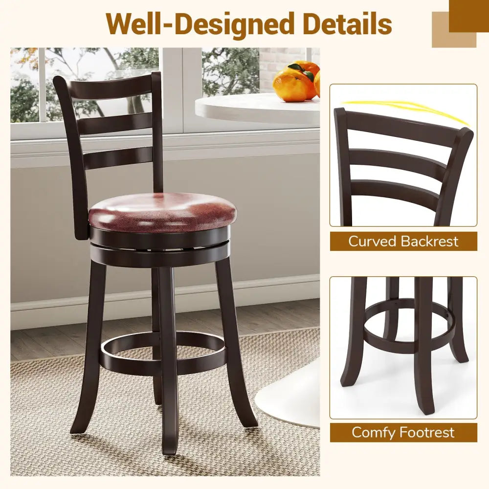 Counter Height Swivel Barstools Set of 2 with Faux Leather Seat and Wrap-around Footrest-24 - Bar Stools