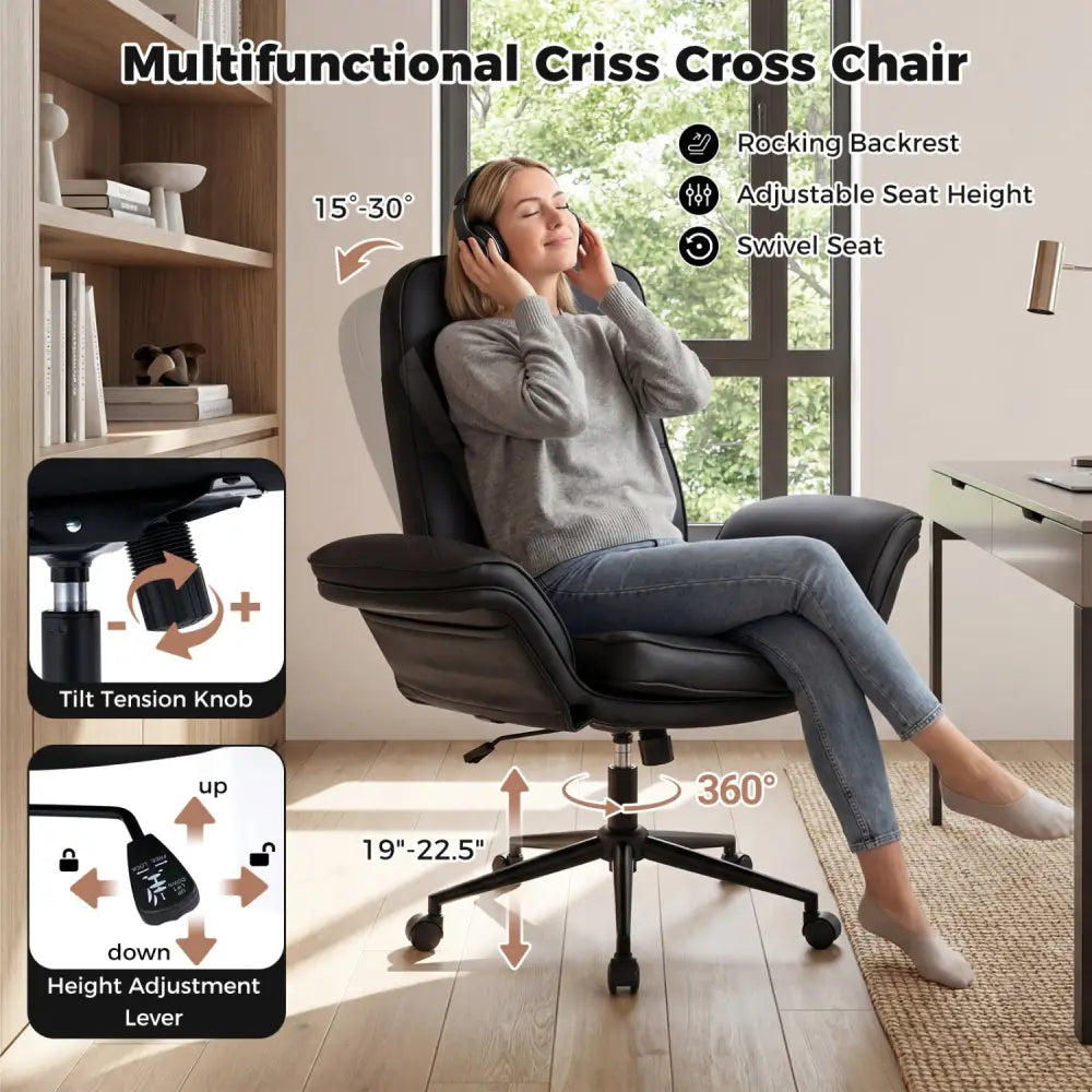 Criss Cross Chair Adjustable Swivel Vanity Chair with 5-Position Armrests-Black - Black - Leisure Chairs