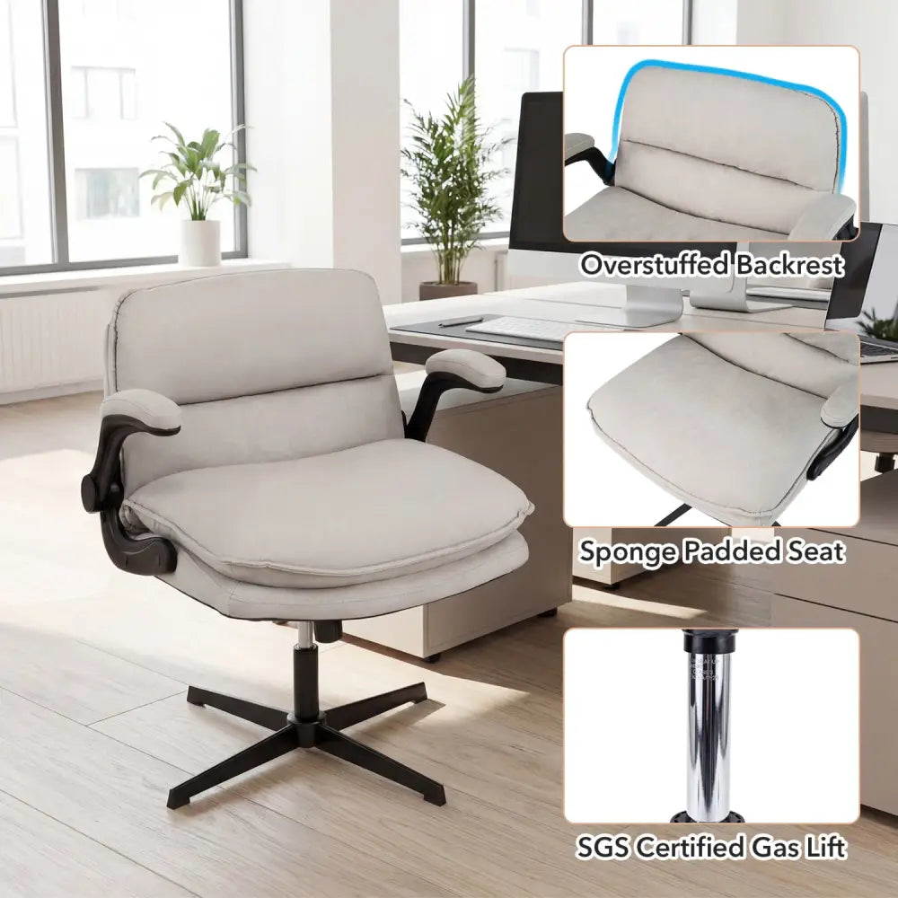 Criss Cross Chair with Flip-up Arms Ergonomic Office Desk Chair with Adjustable Height Wide Backrest Padded Seat-Beige
