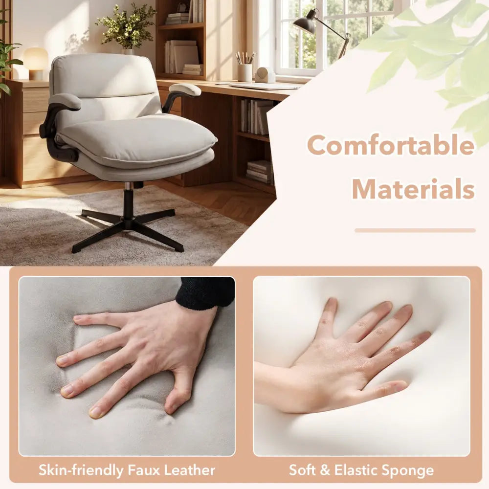 Criss Cross Chair with Flip-up Arms Ergonomic Office Desk Chair with Adjustable Height Wide Backrest Padded Seat-Beige