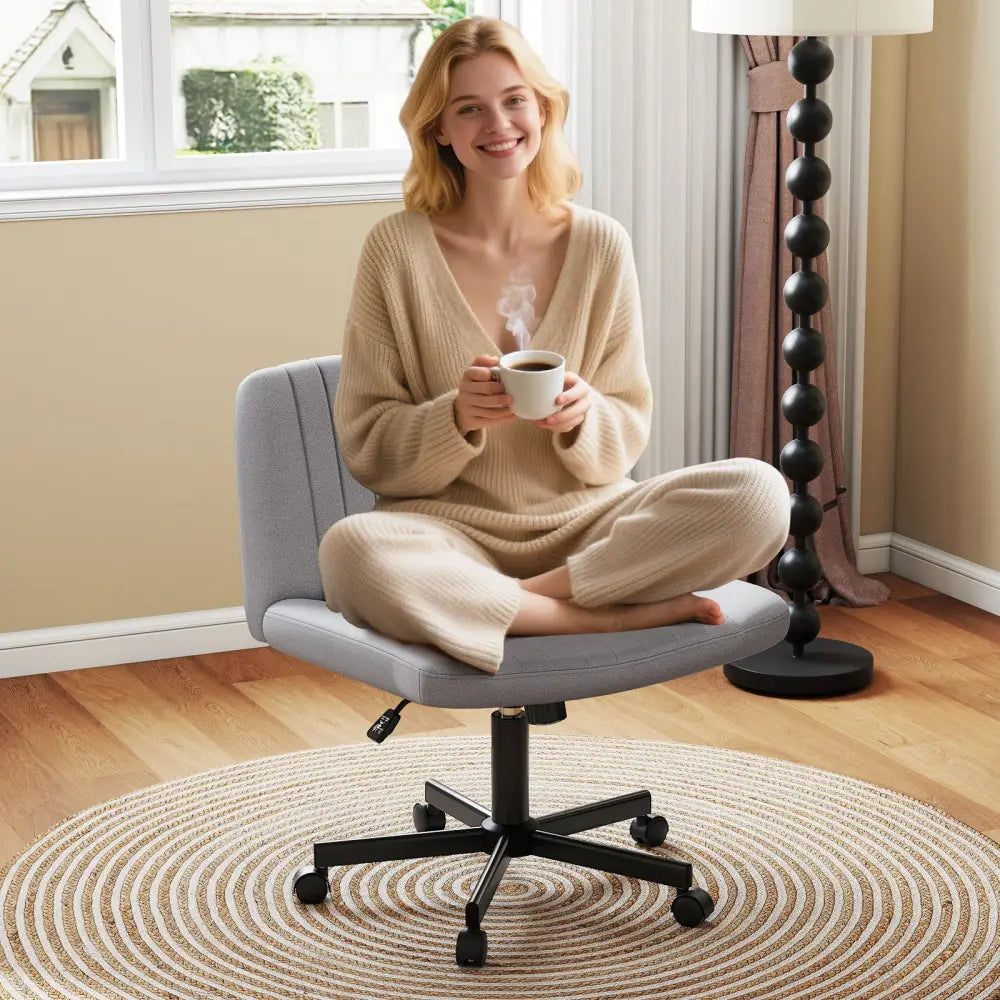 Criss Cross Chair with Wheels Cross-Legged Swivel Desk Chair with Soft-Padded Wide Seat-Gray - Gray - Armless Chairs