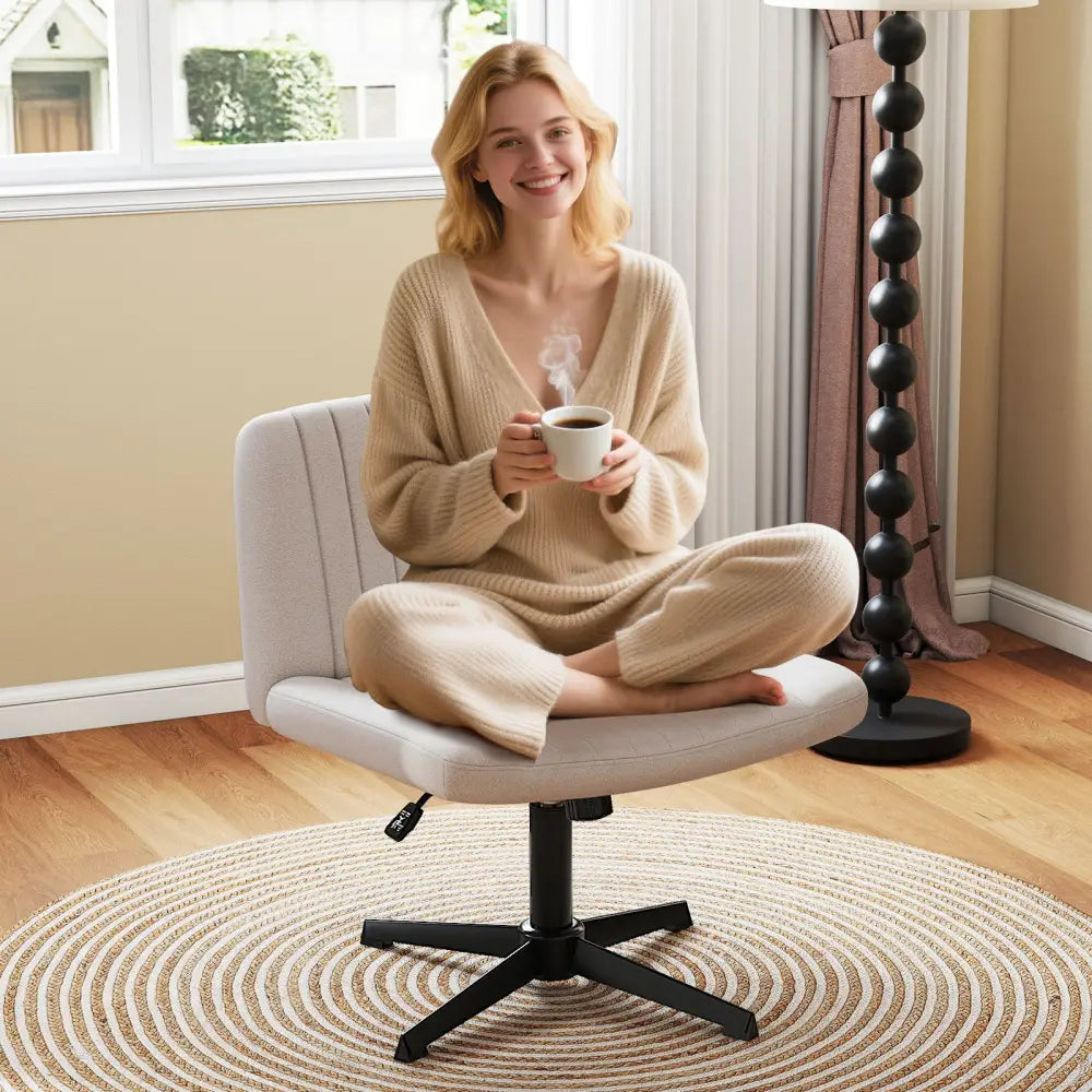 Criss Cross-Legged Swivel Desk Chair No Wheels-Beige - Beige - Armless Chairs