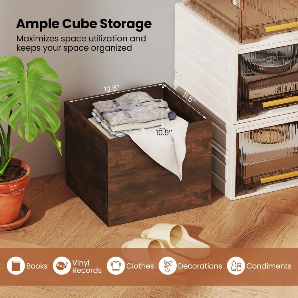 Cube Storage Organizer Stackable Open Book Shelf Wooden Display Shelving Unit-Rustic Brown - Rustic Brown - Bookcases