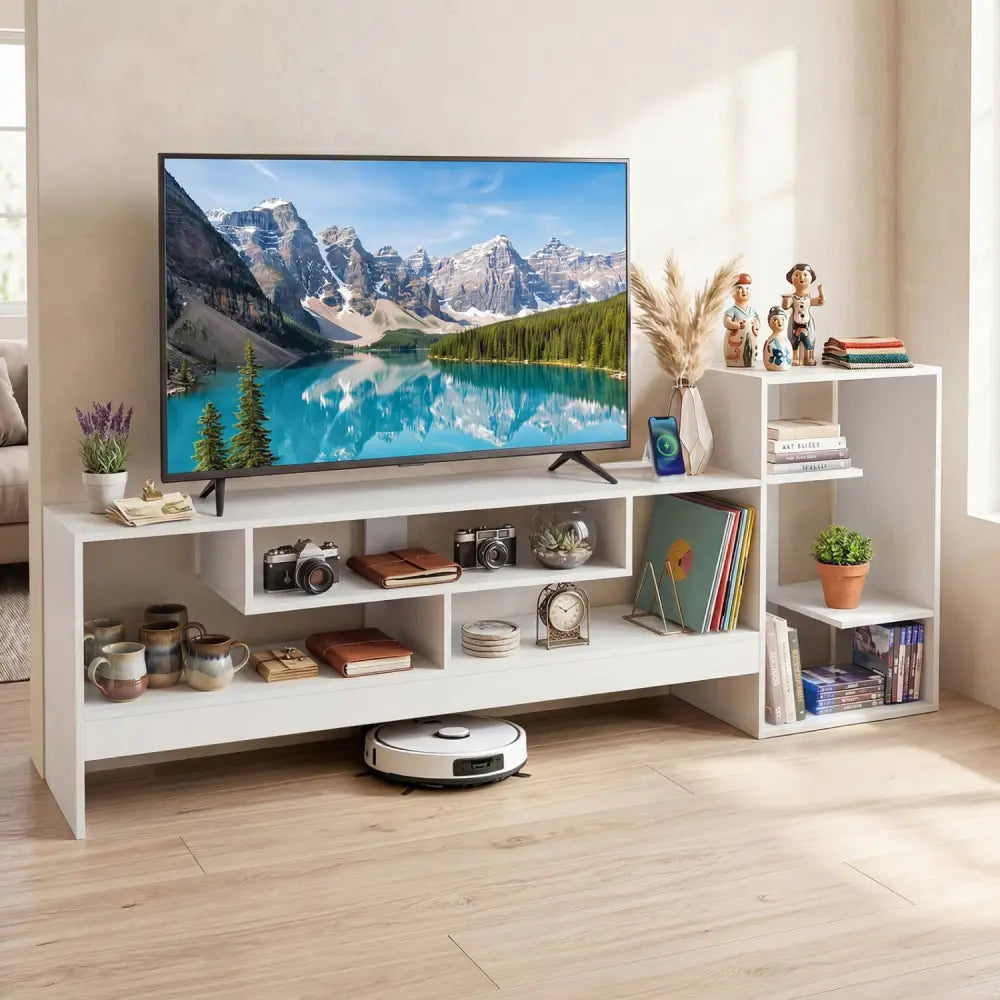 Cube TV Stand for 55 Inch TV with Power Outlets and Open Storage Shelves-White - White - Entertainment Centers & TV