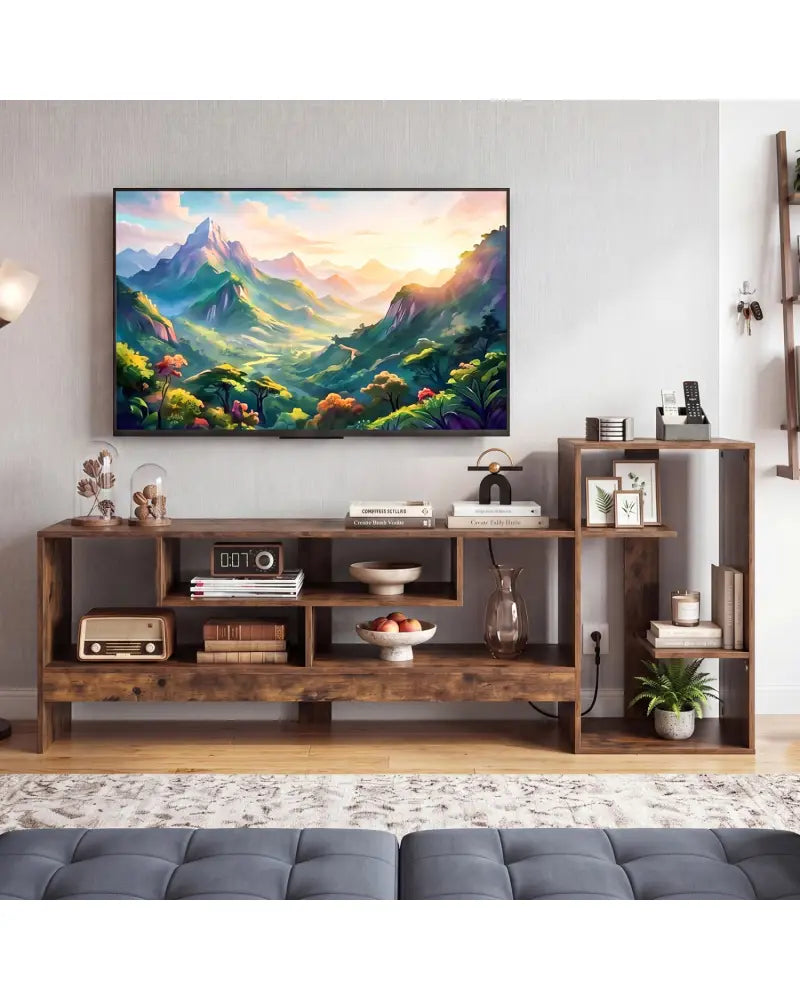 Cube TV Stand for 55 Inch TV with Power Outlets and Open Storage Shelves-Rusticbrown - Rustic Brown - Entertainment