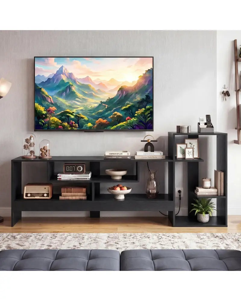 Cube TV Stand for 55 Inch TV with Power Outlets and Open Storage Shelves-Black - Black - Entertainment Centers & TV