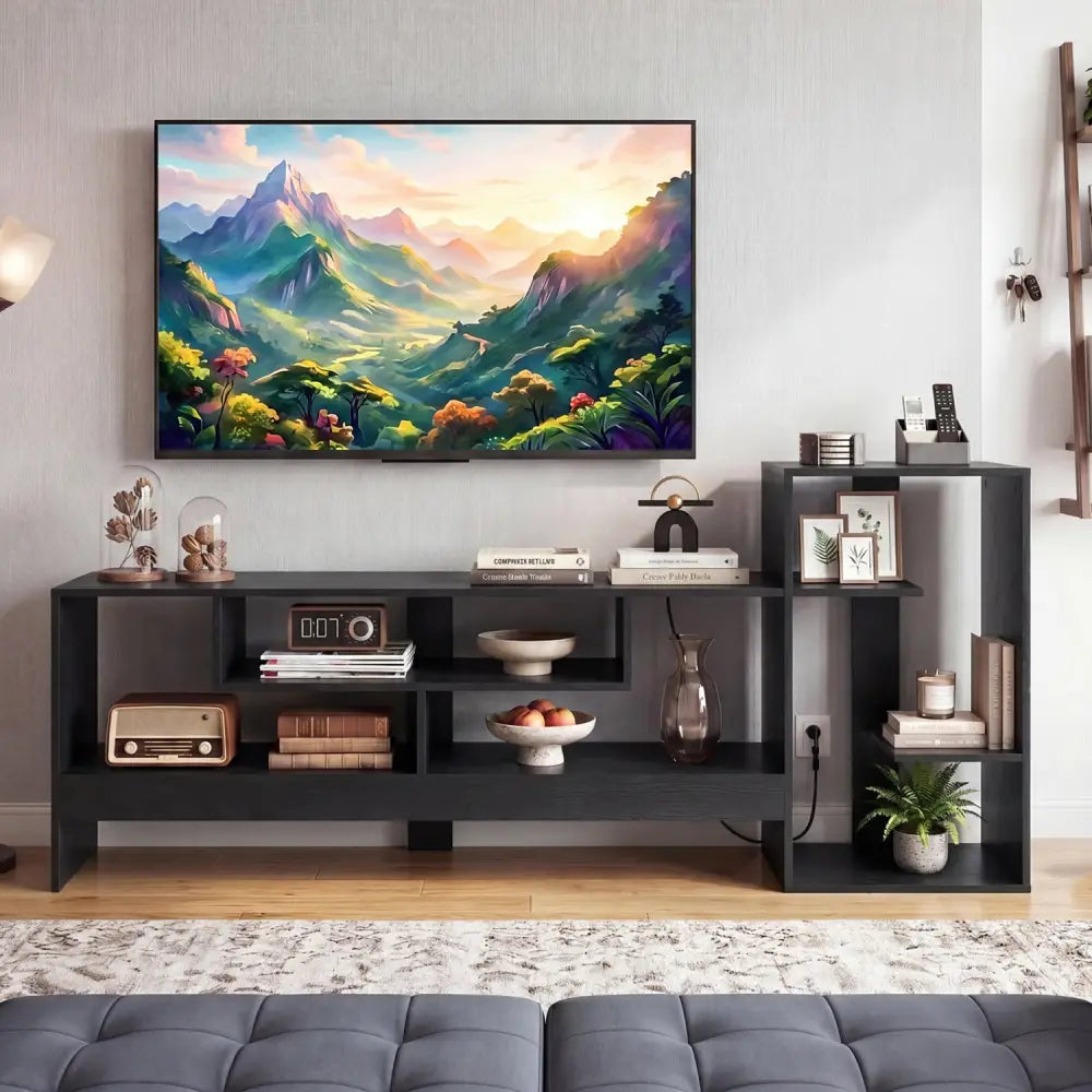 Cube TV Stand for 55 Inch TV with Power Outlets and Open Storage Shelves-Black - Black - Entertainment Centers & TV