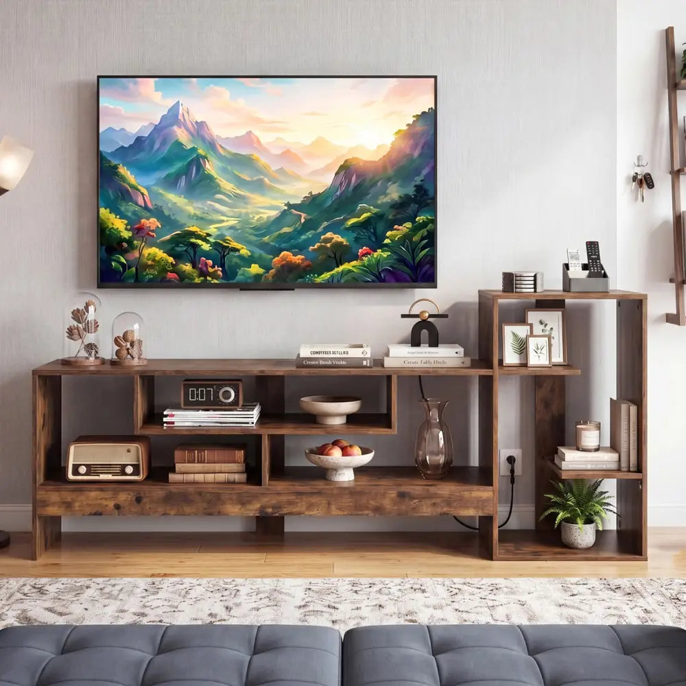 Cube TV Stand for 55 Inch TV with Power Outlets and Open Storage Shelves-Rusticbrown - Rustic Brown - Entertainment