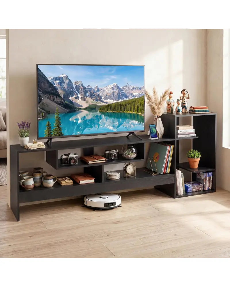 Cube TV Stand for 55 Inch TV with Power Outlets and Open Storage Shelves-Black - Black - Entertainment Centers & TV