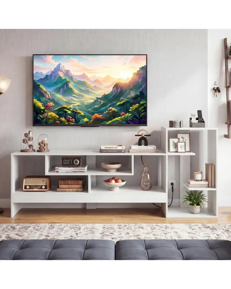 Cube TV Stand for 55 Inch TV with Power Outlets and Open Storage Shelves-White - White - Entertainment Centers & TV