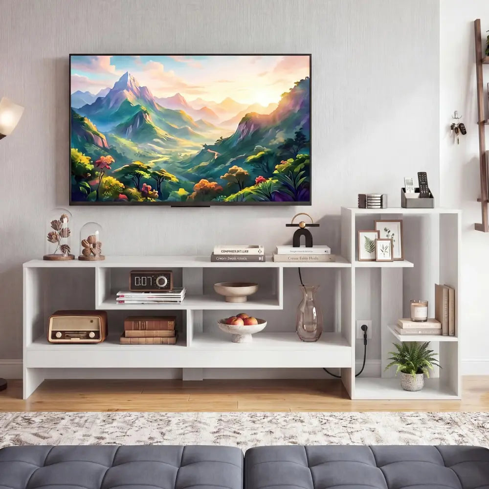 Cube TV Stand for 55 Inch TV with Power Outlets and Open Storage Shelves-White - White - Entertainment Centers & TV