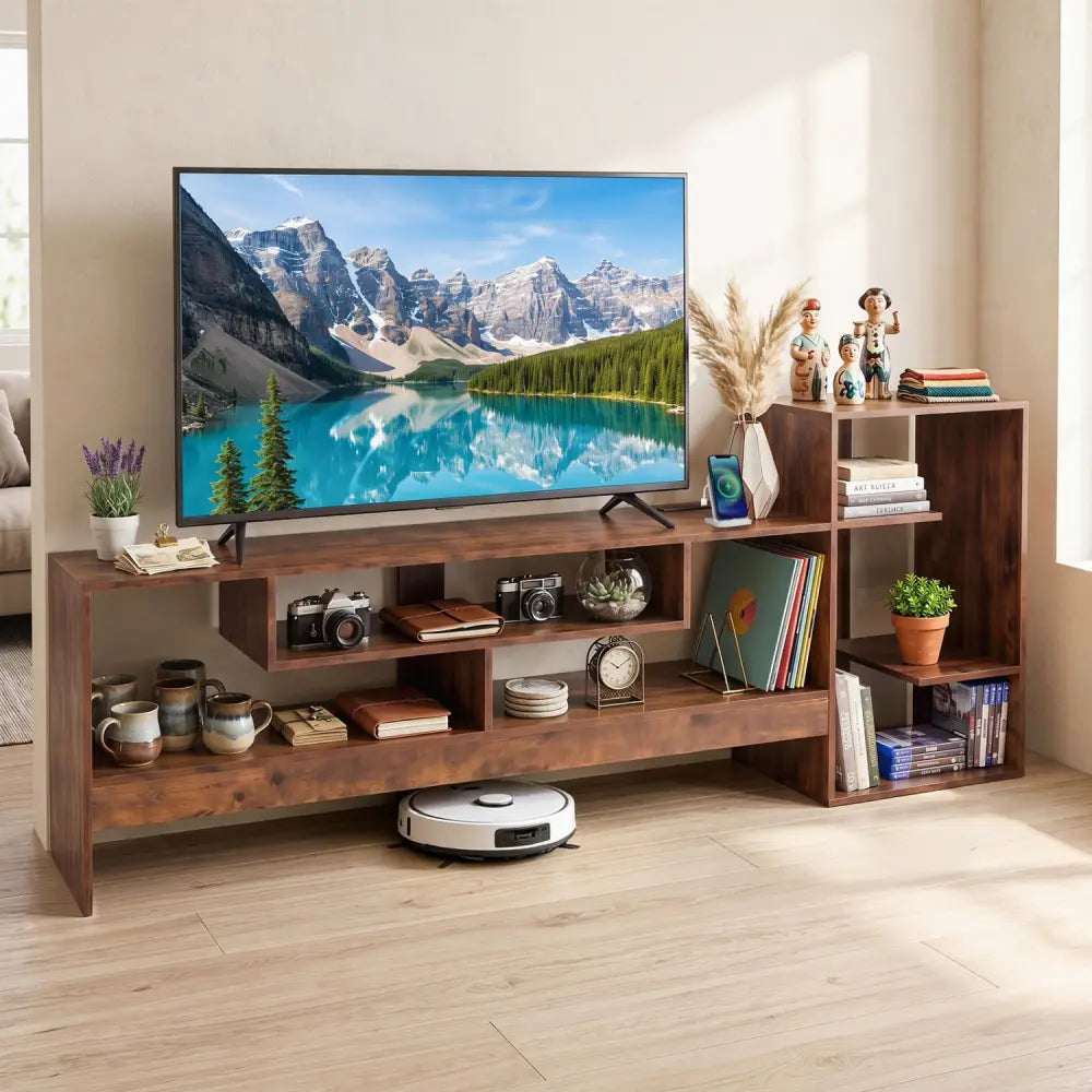 Cube TV Stand for 55 Inch TV with Power Outlets and Open Storage Shelves-Rusticbrown - Rustic Brown - Entertainment