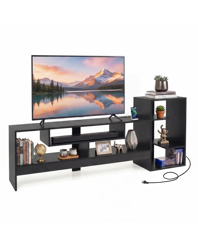 Cube TV Stand for 55 Inch TV with Power Outlets and Open Storage Shelves-Black - Black - Entertainment Centers & TV