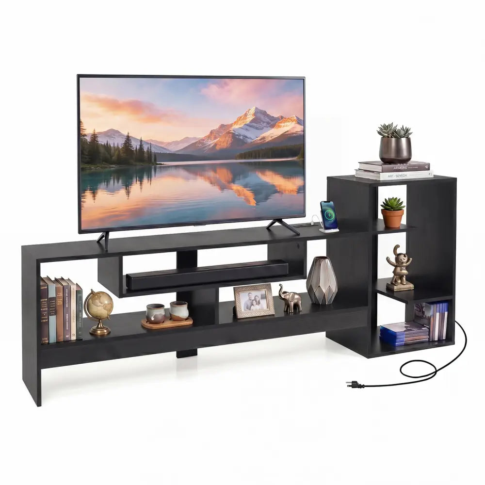 Cube TV Stand for 55 Inch TV with Power Outlets and Open Storage Shelves-Black - Black - Entertainment Centers & TV