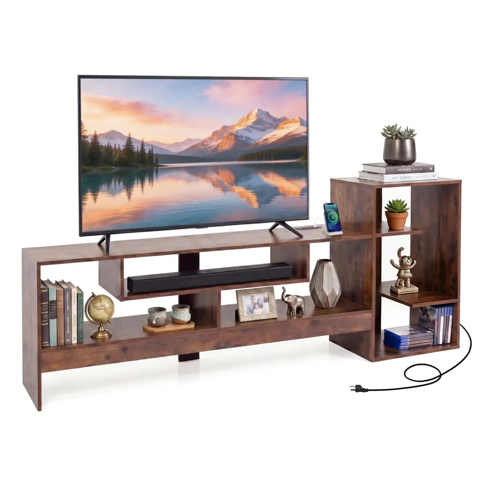 Cube TV Stand for 55 Inch TV with Power Outlets and Open Storage Shelves-Rusticbrown - Rustic Brown - Entertainment