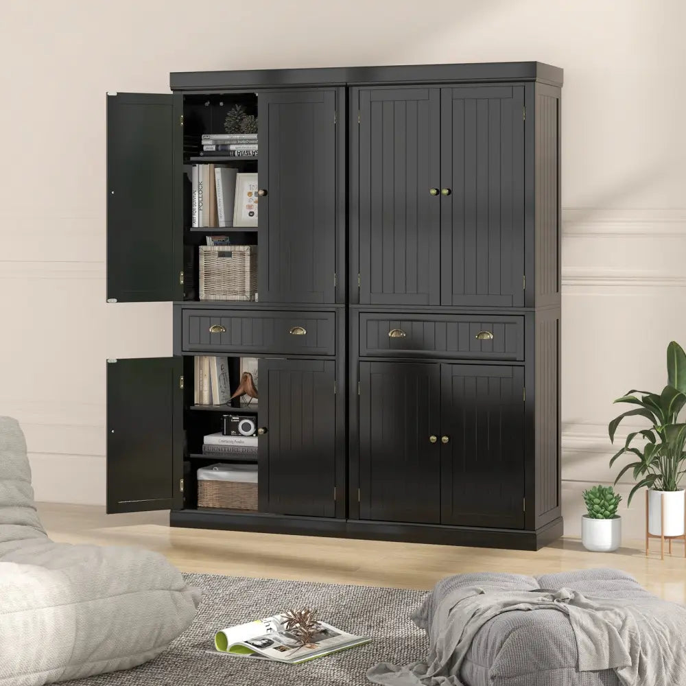 Cupboard Freestanding Kitchen Cabinet w/ Adjustable Shelves-Black - Black - Sideboards Cabinets & Buffets