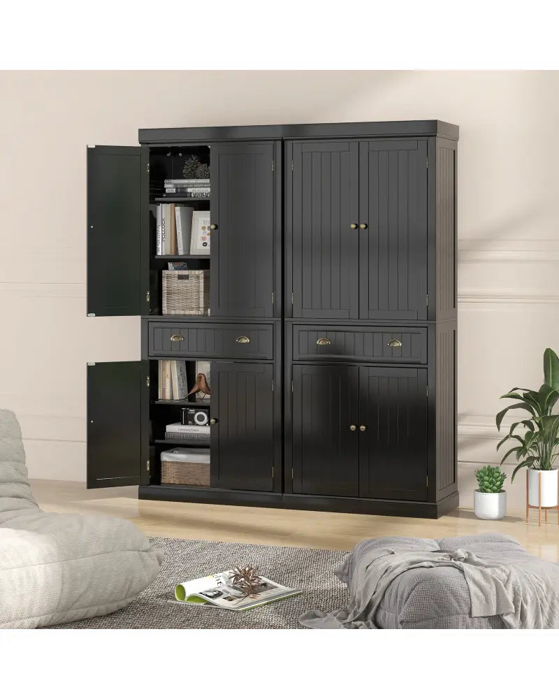 Cupboard Freestanding Kitchen Cabinet w/ Adjustable Shelves-Black - Black - Sideboards Cabinets & Buffets