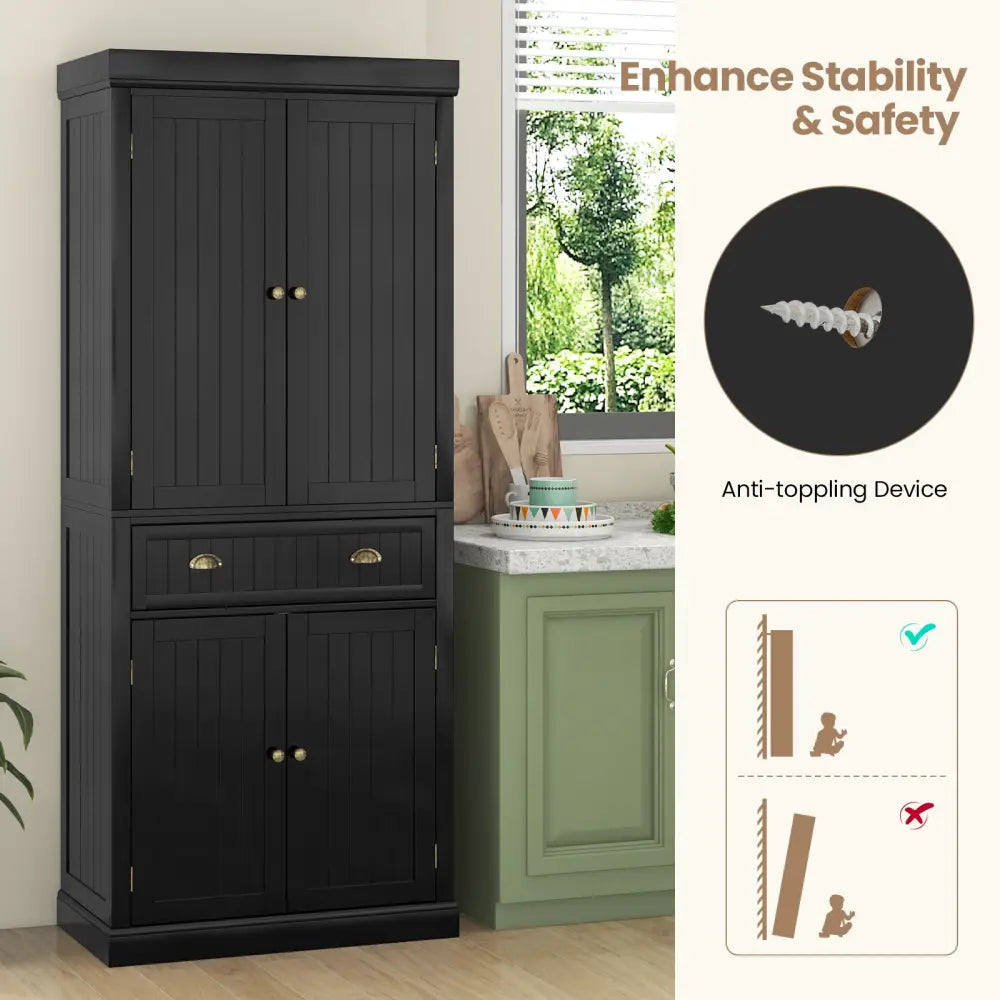 Cupboard Freestanding Kitchen Cabinet w/ Adjustable Shelves-Black - Black - Sideboards Cabinets & Buffets
