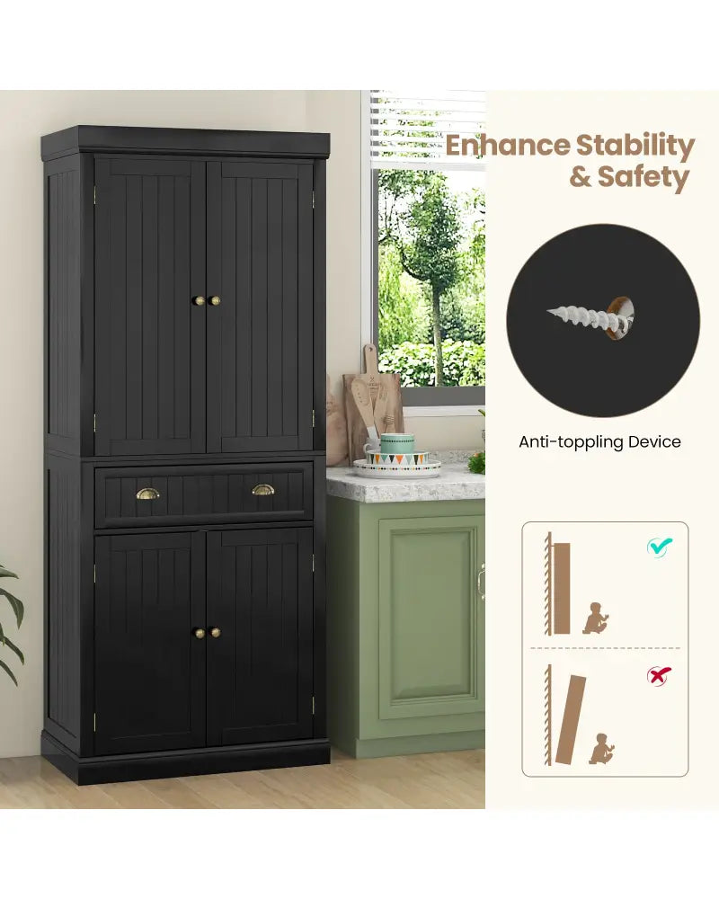 Cupboard Freestanding Kitchen Cabinet w/ Adjustable Shelves-Black - Black - Sideboards Cabinets & Buffets