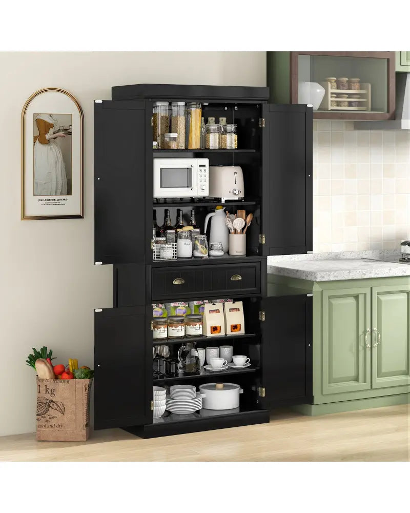 Cupboard Freestanding Kitchen Cabinet w/ Adjustable Shelves-Black - Black - Sideboards Cabinets & Buffets
