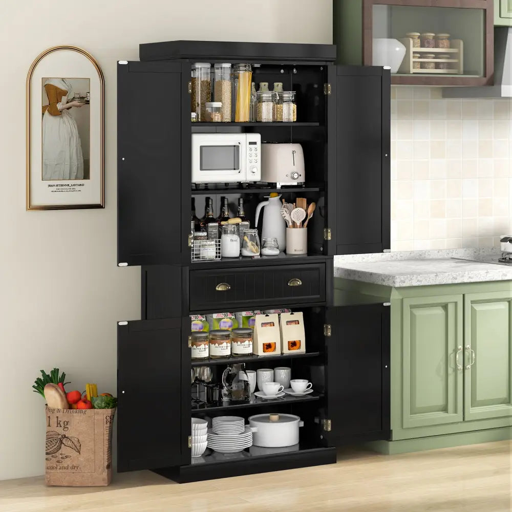 Cupboard Freestanding Kitchen Cabinet w/ Adjustable Shelves-Black - Black - Sideboards Cabinets & Buffets