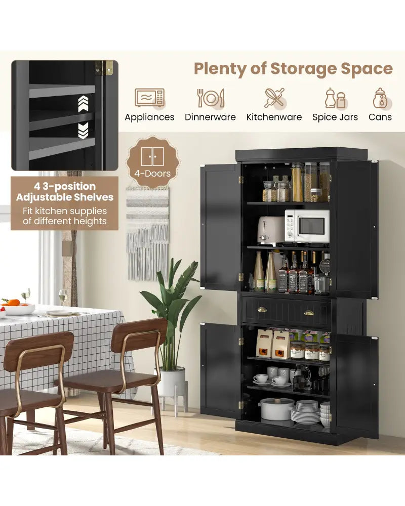 Cupboard Freestanding Kitchen Cabinet w/ Adjustable Shelves-Black - Black - Sideboards Cabinets & Buffets