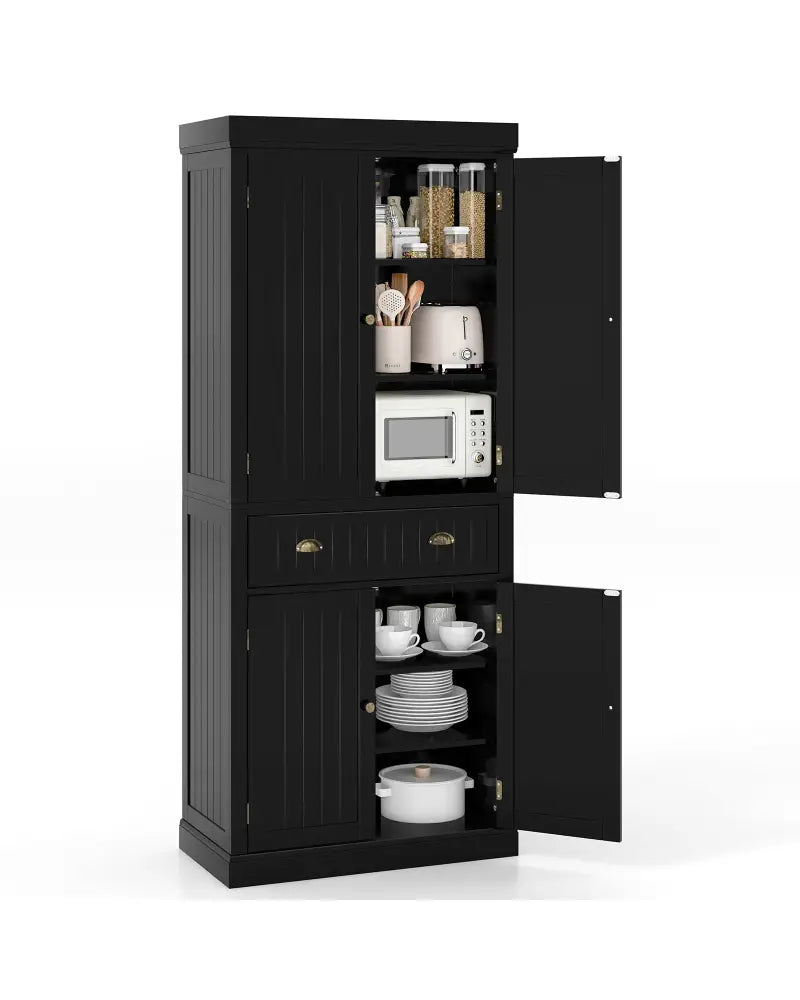 Cupboard Freestanding Kitchen Cabinet w/ Adjustable Shelves-Black - Black - Sideboards Cabinets & Buffets