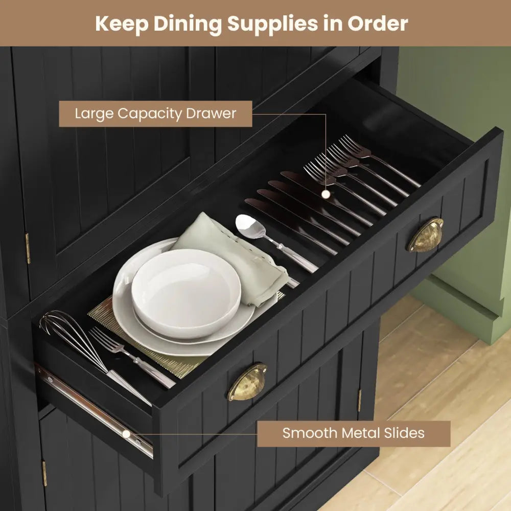Cupboard Freestanding Kitchen Cabinet w/ Adjustable Shelves-Black - Black - Sideboards Cabinets & Buffets