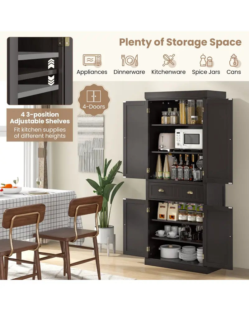 Cupboard Freestanding Kitchen Cabinet w/ Adjustable Shelves-Dark Brown - Dark Brown - Sideboards Cabinets & Buffets