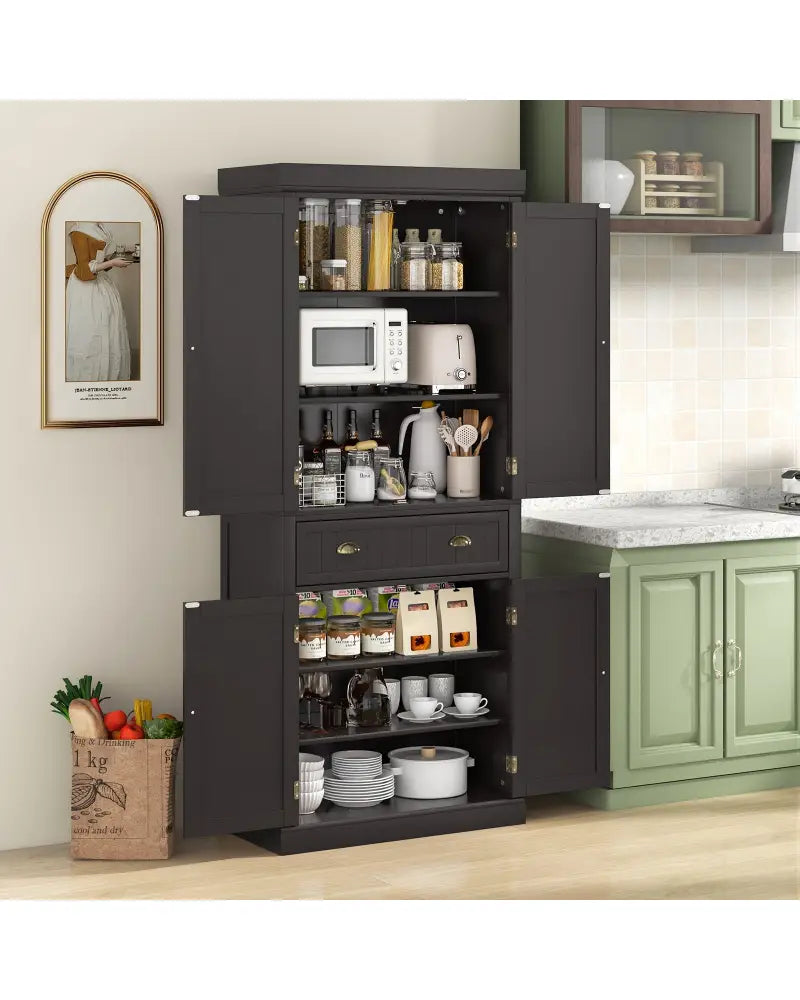 Cupboard Freestanding Kitchen Cabinet w/ Adjustable Shelves-Dark Brown - Dark Brown - Sideboards Cabinets & Buffets