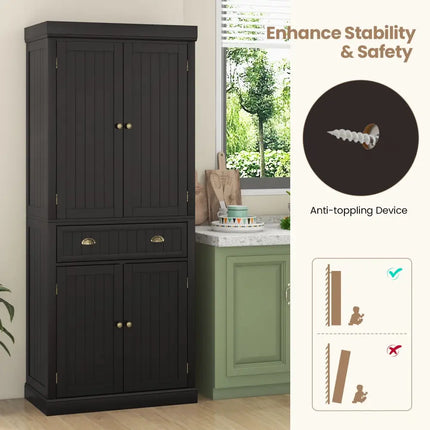 Cupboard Freestanding Kitchen Cabinet w/ Adjustable Shelves-Dark Brown - Dark Brown - Bedroom