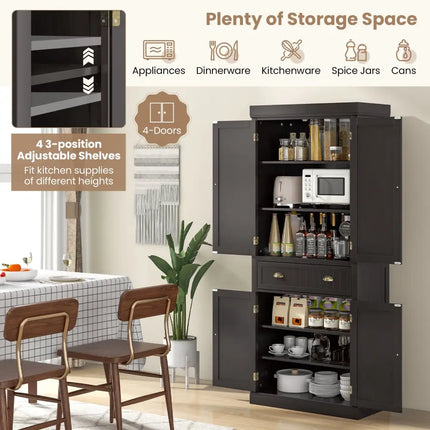 Cupboard Freestanding Kitchen Cabinet w/ Adjustable Shelves-Dark Brown - Dark Brown - Bedroom