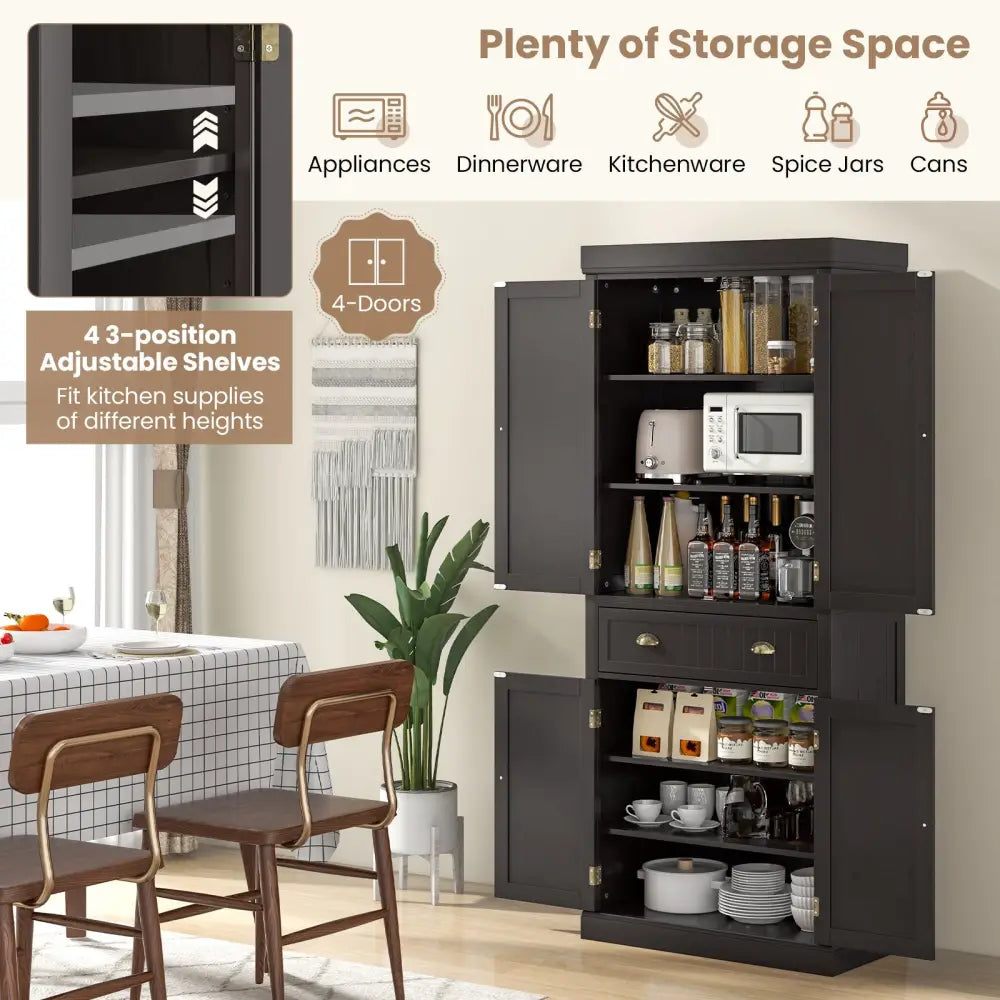 Cupboard Freestanding Kitchen Cabinet w/ Adjustable Shelves-Dark Brown - Dark Brown - Bedroom