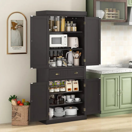 Cupboard Freestanding Kitchen Cabinet w/ Adjustable Shelves-Dark Brown - Dark Brown - Bedroom