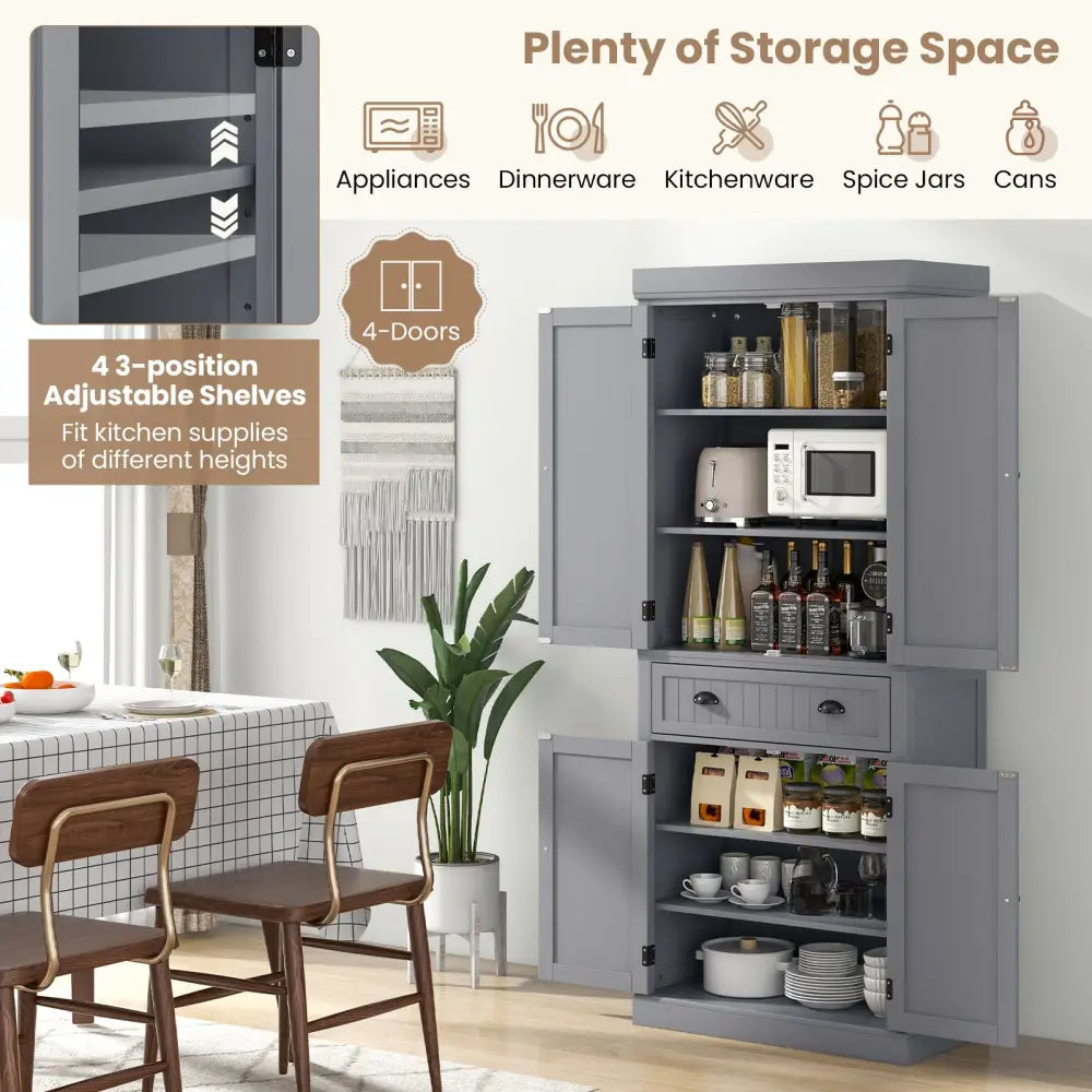Cupboard Freestanding Kitchen Cabinet w/ Adjustable Shelves-Gray - Gray - Bedroom
