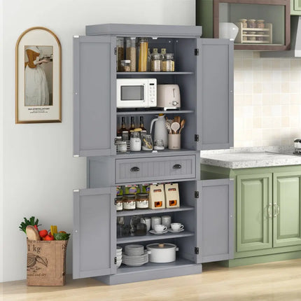 Cupboard Freestanding Kitchen Cabinet w/ Adjustable Shelves-Gray - Gray - Bedroom