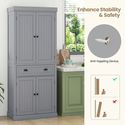 Cupboard Freestanding Kitchen Cabinet w/ Adjustable Shelves-Gray - Gray - Bedroom