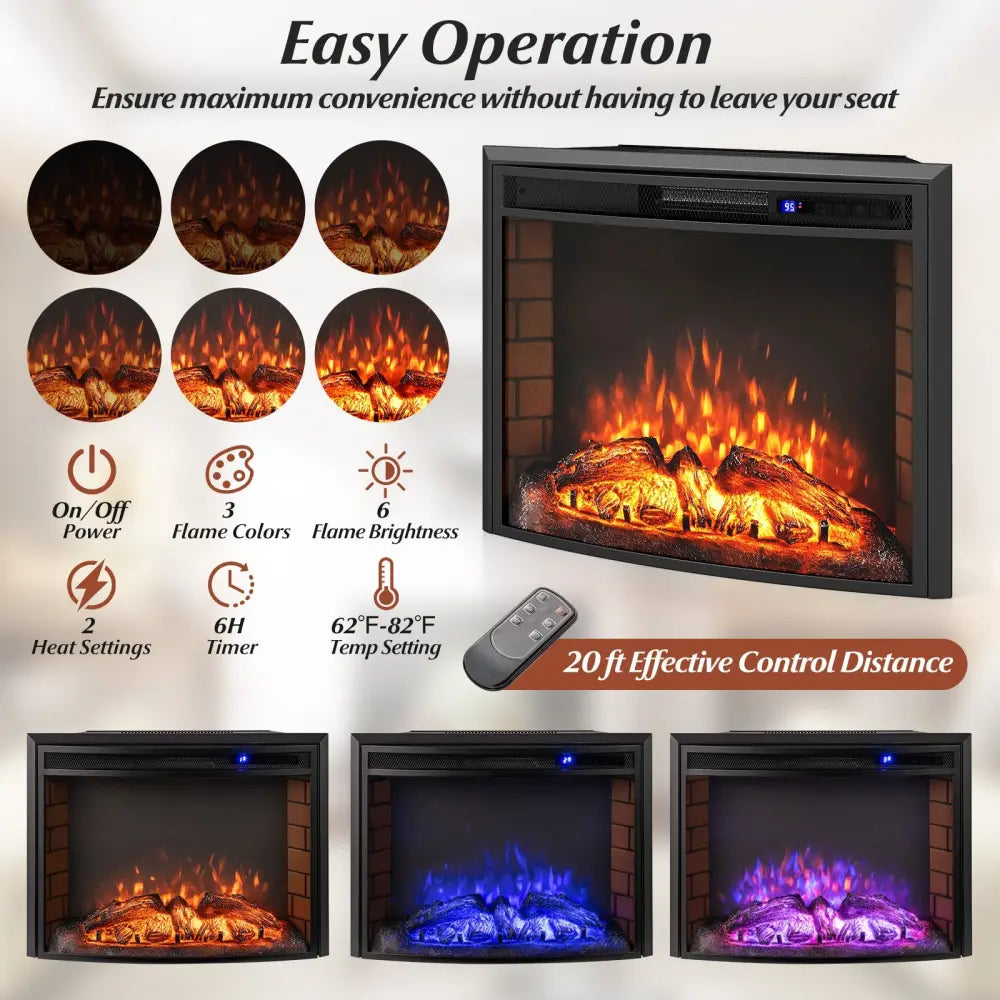 Curved Recessed Electric Fireplace Insert with Remote Control and Overheat Protection-26 Inch - Fireplaces