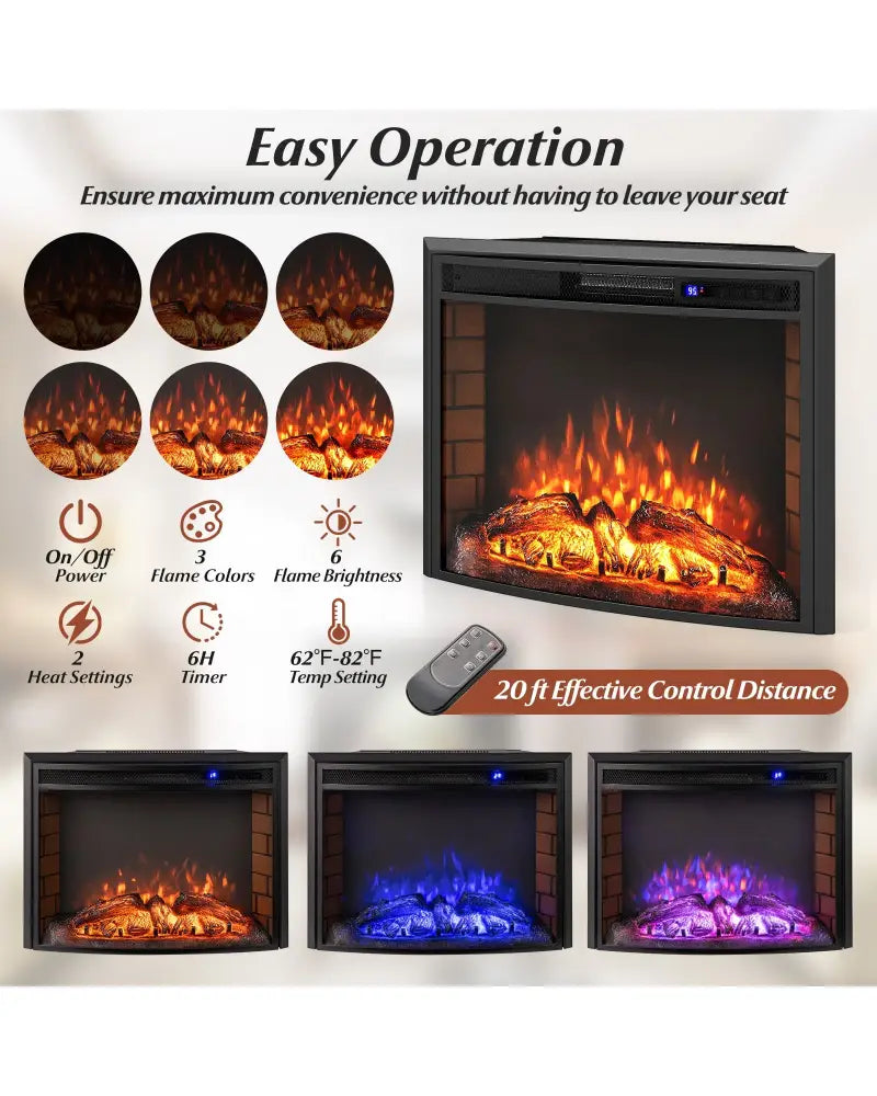 Curved Recessed Electric Fireplace Insert with Remote Control and Overheat Protection-26 Inch - Fireplaces