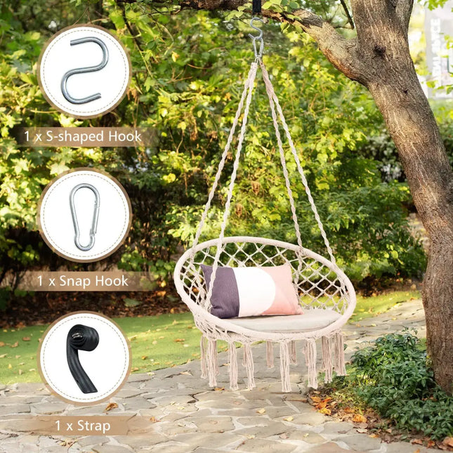 Cushioned Hammock Swing Chair with Hanging Kit-Beige - Beige - Hammocks