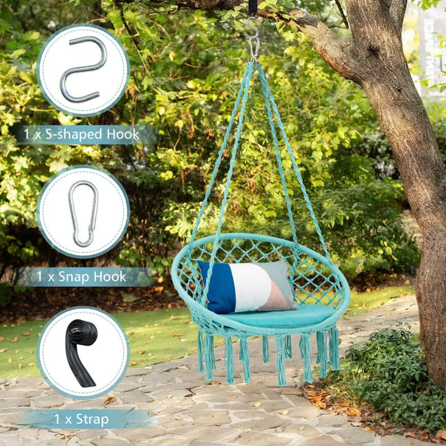Cushioned Hammock Swing Chair with Hanging Kit-Turquoise - Turquoise - Hammocks
