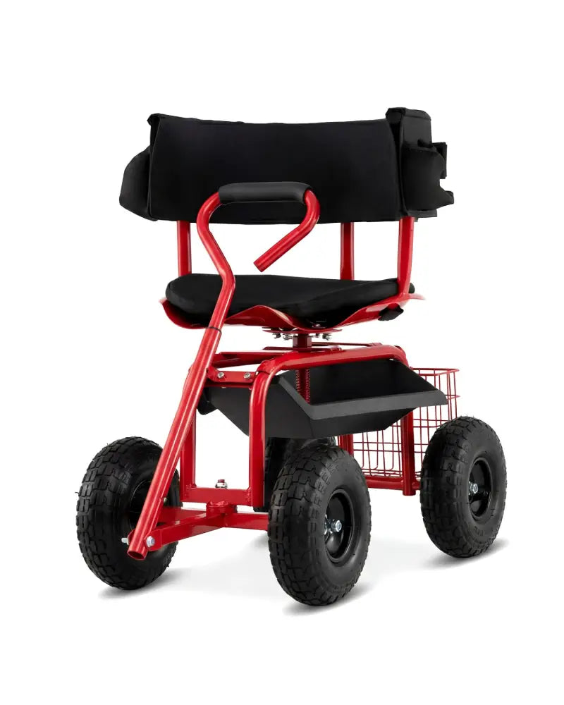 Cushioned Rolling Garden Cart Scooter with Storage Basket and Tool Pouch-Black & Red - Black & Red - Garden Carts